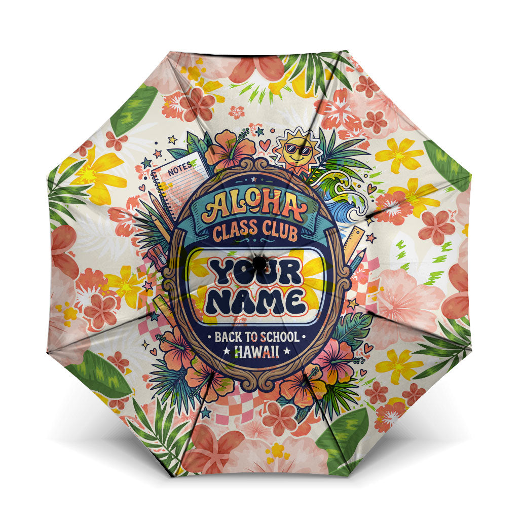 Personalized Hawaii School Club Back To Class Umbrella Retro Tropical Hibiscus Pattern With Open Notebook TS04 One Size Folded 11.42 inch Opened Diameter 37.4 inch White Orange - Polynesian Pride