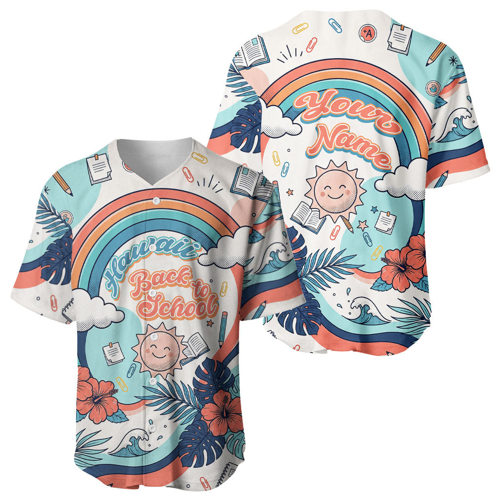 Personalized Hawaii Back To School Baseball Jersey Retro Rainbow Sun with Tropical Hibiscus Flowers TS04 - Polynesian Pride