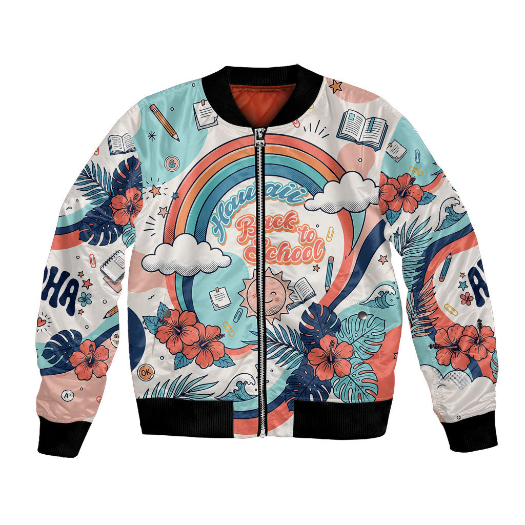 Personalized Hawaii Back To School Bomber Jacket Retro Rainbow Sun with Tropical Hibiscus Flowers TS04 Unisex White Blue - Polynesian Pride