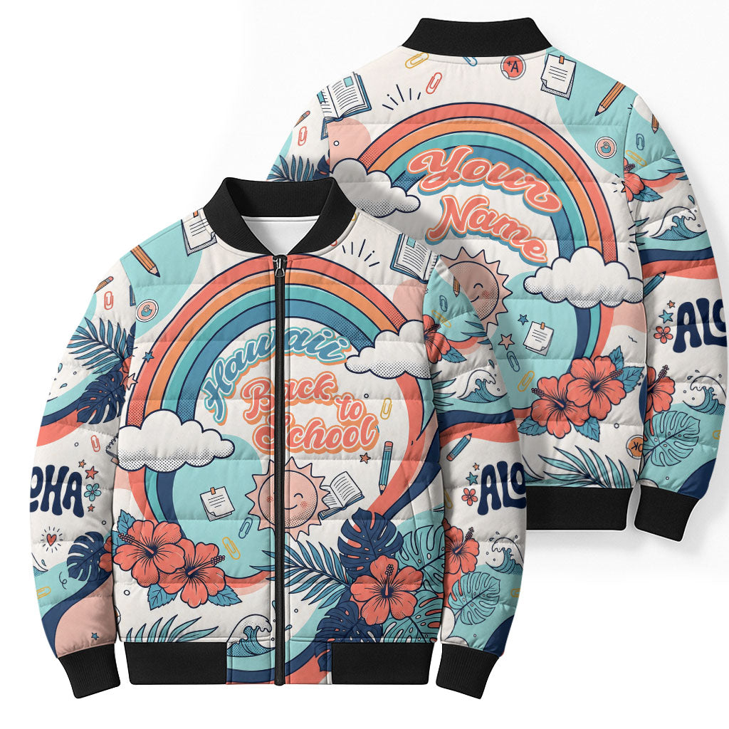Personalized Hawaii Back To School Bomber Puffer Jacket Retro Rainbow Sun with Tropical Hibiscus Flowers TS04 - Polynesian Pride