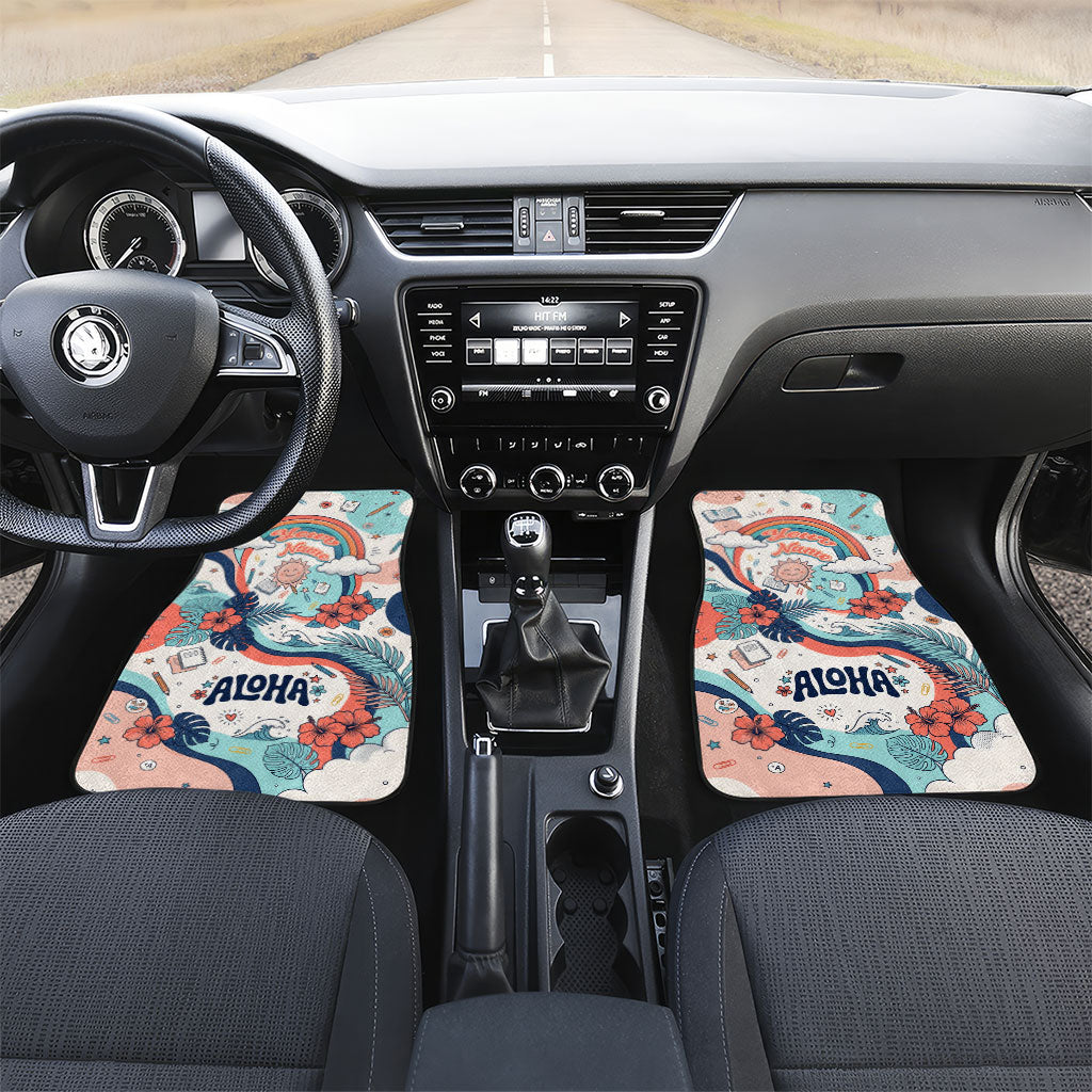 Personalized Hawaii Back To School Car Mats Retro Rainbow Sun with Tropical Hibiscus Flowers TS04 Set 2pcs - Front White Blue - Polynesian Pride