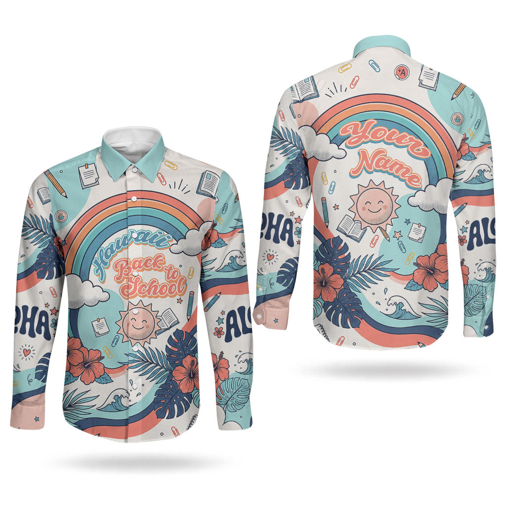 Personalized Hawaii Back To School Couples Matching Long Sleeve Bodycon Dress and Long Sleeve Button Shirt Retro Rainbow Sun with Tropical Hibiscus Flowers TS04 - Polynesian Pride