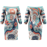 Personalized Hawaii Back To School Couples Matching Off The Shoulder Long Sleeve Dress and Long Sleeve Button Shirt Retro Rainbow Sun with Tropical Hibiscus Flowers TS04 - Polynesian Pride