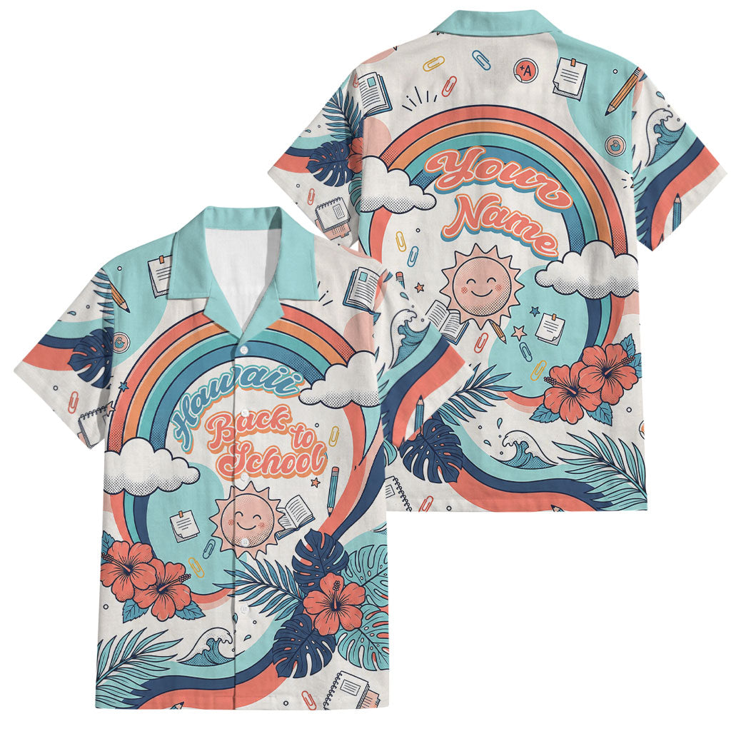 Personalized Hawaii Back To School Family Matching Long Sleeve Bodycon Dress and Hawaiian Shirt Retro Rainbow Sun with Tropical Hibiscus Flowers TS04 Dad's Shirt - Short Sleeve White Blue - Polynesian Pride