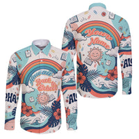 Personalized Hawaii Back To School Family Matching Mermaid Dress and Hawaiian Shirt Retro Rainbow Sun with Tropical Hibiscus Flowers TS04 Dad's Shirt - Long Sleeve White Blue - Polynesian Pride