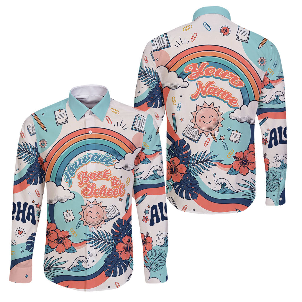 Personalized Hawaii Back To School Family Matching Off The Shoulder Long Sleeve Dress and Hawaiian Shirt Retro Rainbow Sun with Tropical Hibiscus Flowers TS04 Dad's Shirt - Long Sleeve White Blue - Polynesian Pride