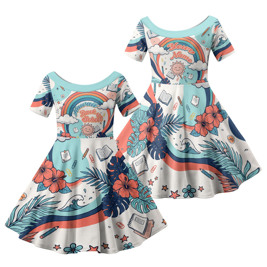 Personalized Hawaii Back To School Family Matching Off Shoulder Maxi Dress and Hawaiian Shirt Retro Rainbow Sun with Tropical Hibiscus Flowers TS04 Daughter's Dress White Blue - Polynesian Pride
