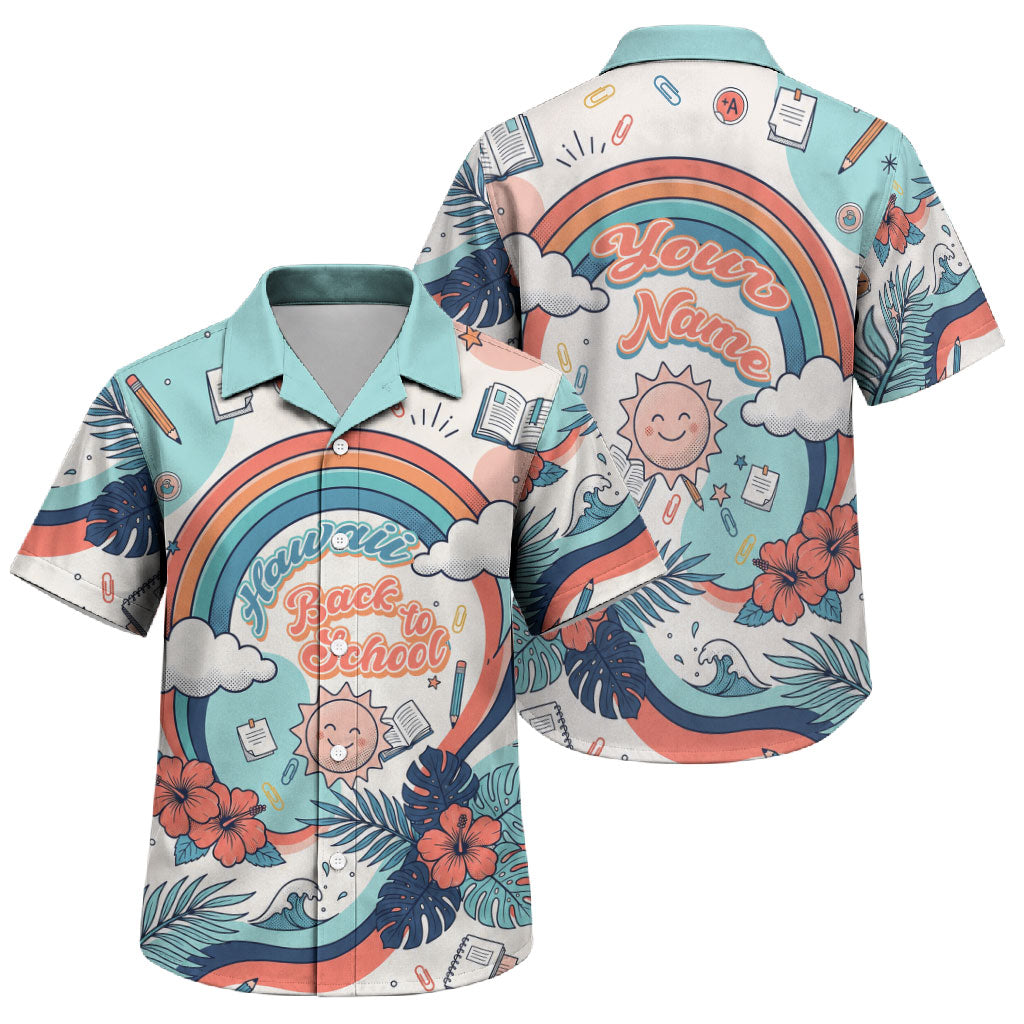 Personalized Hawaii Back To School Family Matching Puletasi and Hawaiian Shirt Retro Rainbow Sun with Tropical Hibiscus Flowers TS04 Son's Shirt White Blue - Polynesian Pride