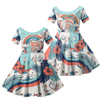 Personalized Hawaii Back To School Family Matching Tank Maxi Dress and Hawaiian Shirt Retro Rainbow Sun with Tropical Hibiscus Flowers TS04 Daughter's Dress White Blue - Polynesian Pride