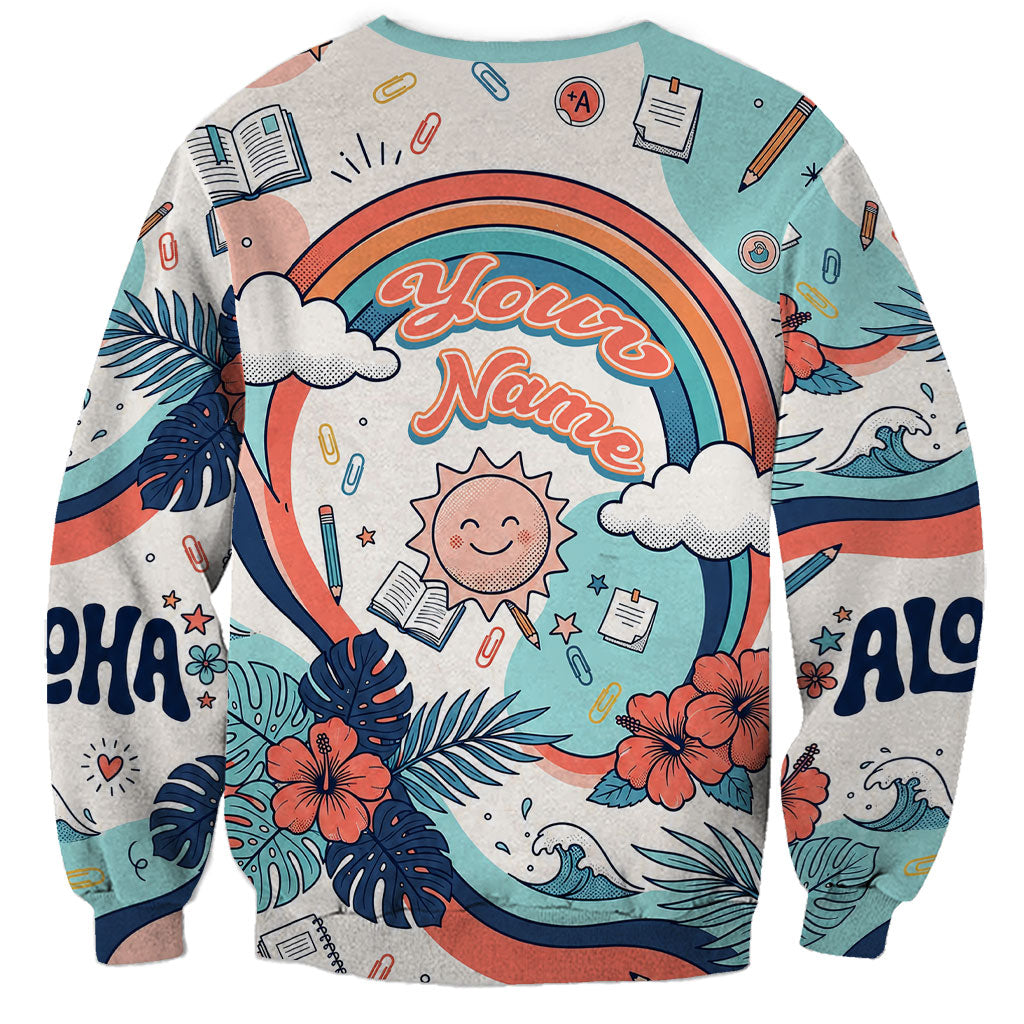 Personalized Hawaii Back To School Sweatshirt Retro Rainbow Sun with Tropical Hibiscus Flowers TS04 - Polynesian Pride