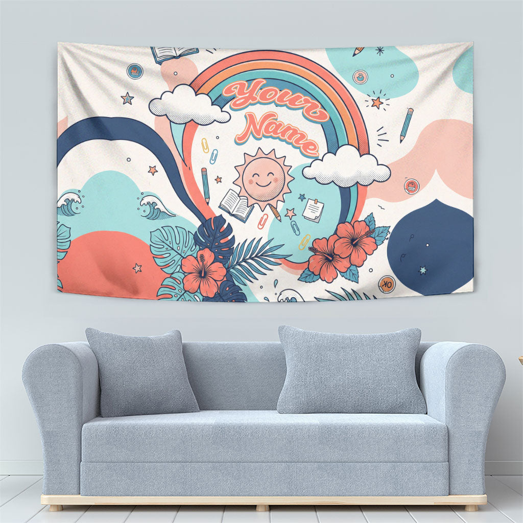 Personalized Hawaii Back To School Tapestry Retro Rainbow Sun with Tropical Hibiscus Flowers TS04 - Polynesian Pride