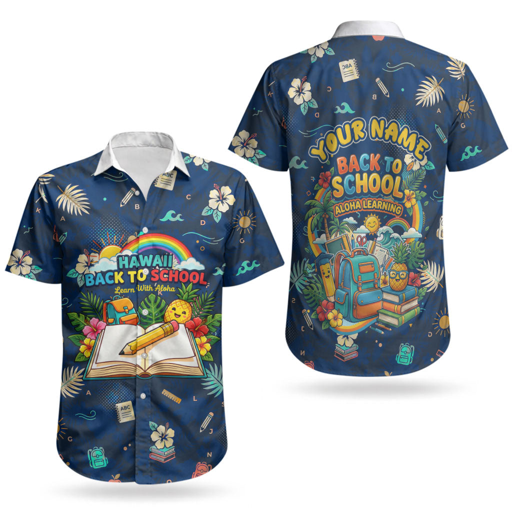Personalized Hawaii Back To School Aloha Learning Couples Matching Puletasi and Hawaiian Shirt Retro Rainbow open Notebook with Pineapple and Hibiscus Flowers TS04 - Polynesian Pride