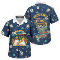 Personalized Hawaii Back To School Aloha Learning Family Matching Off The Shoulder Long Sleeve Dress and Hawaiian Shirt Retro Rainbow open Notebook with Pineapple and Hibiscus Flowers TS04 Son's Shirt Blue - Polynesian Pride