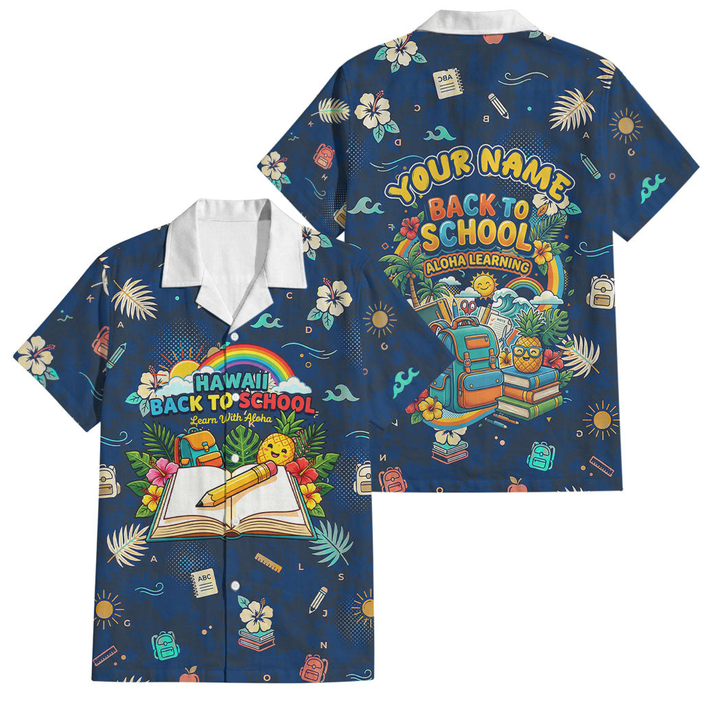Personalized Hawaii Back To School Aloha Learning Family Matching Off Shoulder Short Dress and Hawaiian Shirt Retro Rainbow open Notebook with Pineapple and Hibiscus Flowers TS04 Dad's Shirt - Short Sleeve Blue - Polynesian Pride
