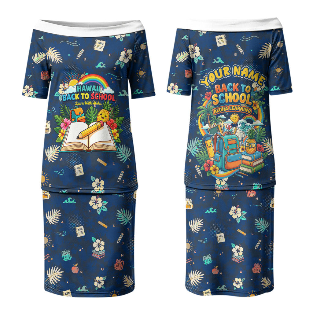 Personalized Hawaii Back To School Aloha Learning Family Matching Puletasi and Hawaiian Shirt Retro Rainbow open Notebook with Pineapple and Hibiscus Flowers TS04 Mom's Dress Blue - Polynesian Pride