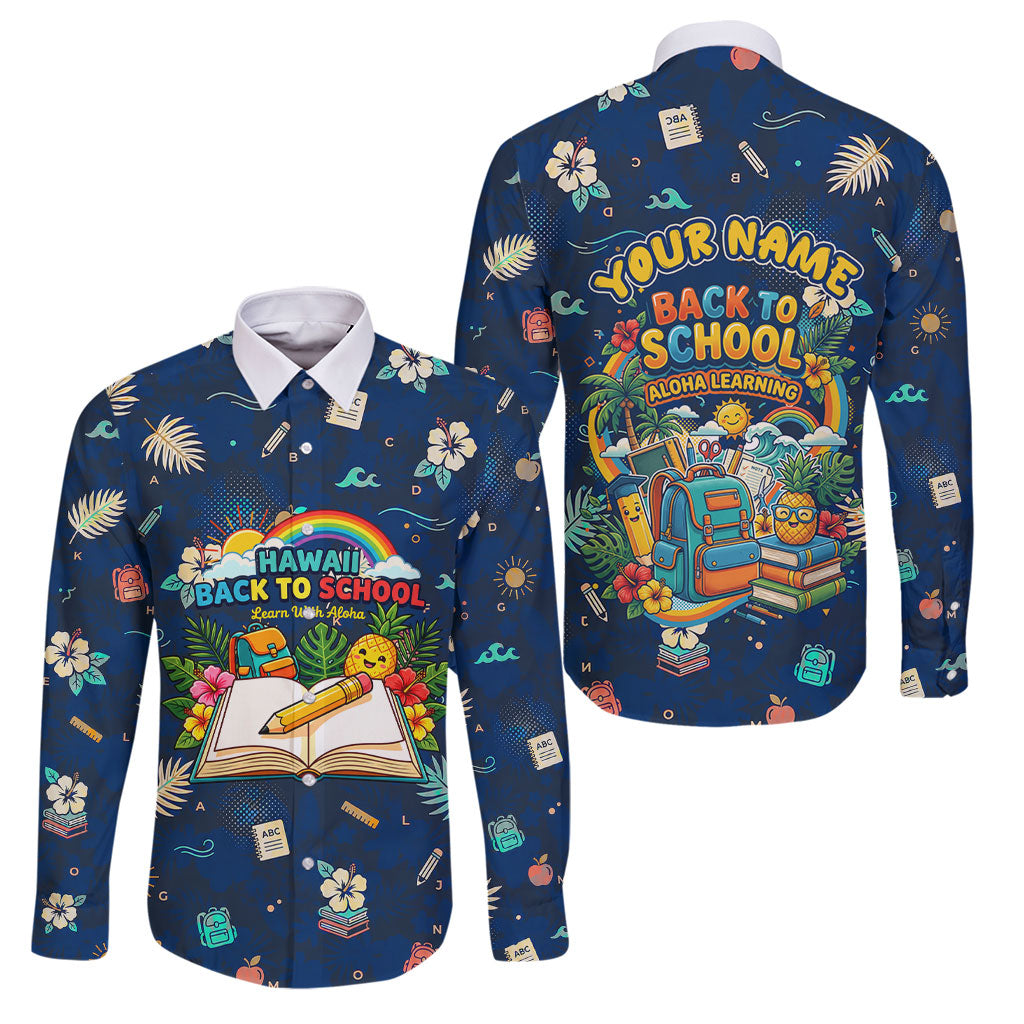 Personalized Hawaii Back To School Aloha Learning Family Matching Puletasi and Hawaiian Shirt Retro Rainbow open Notebook with Pineapple and Hibiscus Flowers TS04 Dad's Shirt - Long Sleeve Blue - Polynesian Pride