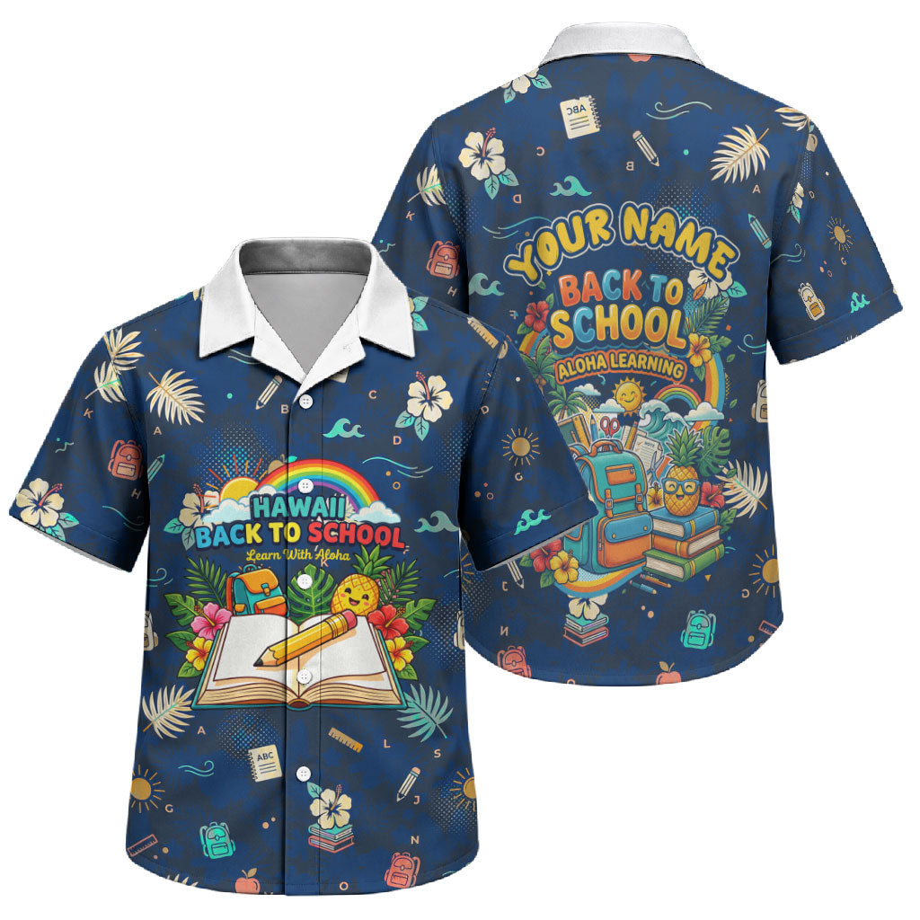 Personalized Hawaii Back To School Aloha Learning Family Matching Tank Maxi Dress and Hawaiian Shirt Retro Rainbow open Notebook with Pineapple and Hibiscus Flowers TS04 Son's Shirt Blue - Polynesian Pride