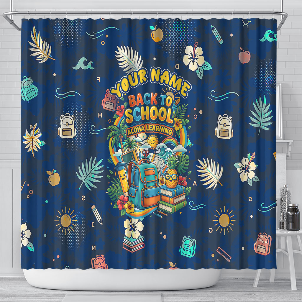 Personalized Hawaii Back To School Aloha Learning Shower Curtain Retro Rainbow open Notebook with Pineapple and Hibiscus Flowers TS04 - Polynesian Pride