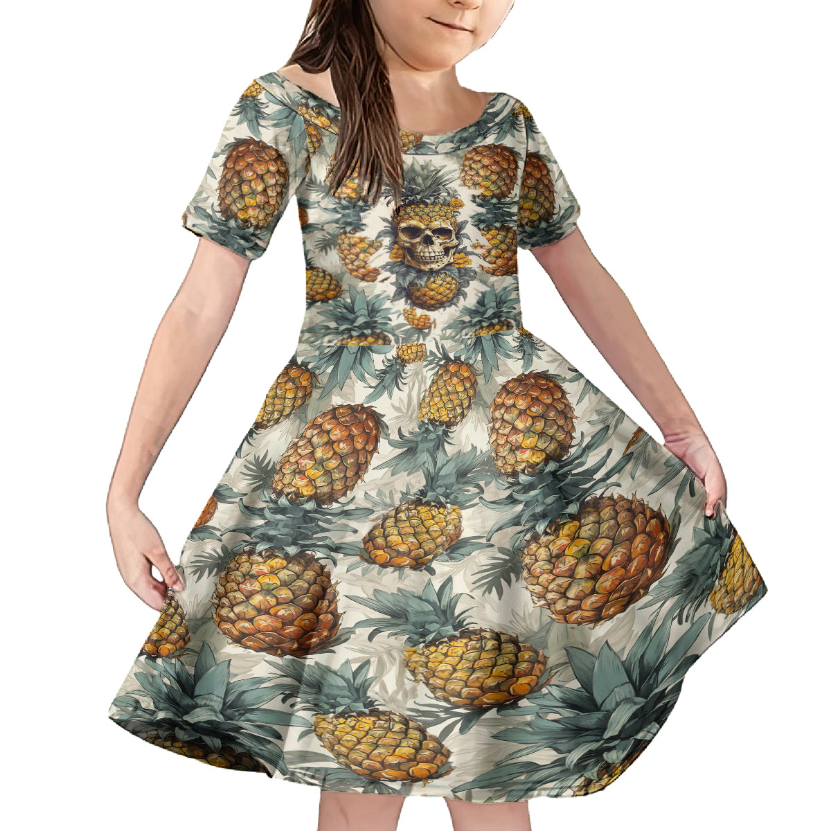 Pineapple Skull Family Matching Long Sleeve Bodycon Dress and Hawaiian Shirt Summer Paradise TS04 Daughter's Dress Multicolor - Polynesian Pride