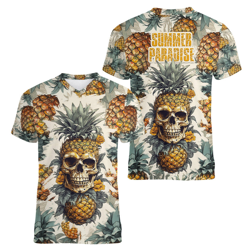 Pineapple Skull Women V Neck T Shirt Summer Paradise TS04 - Polynesian Pride