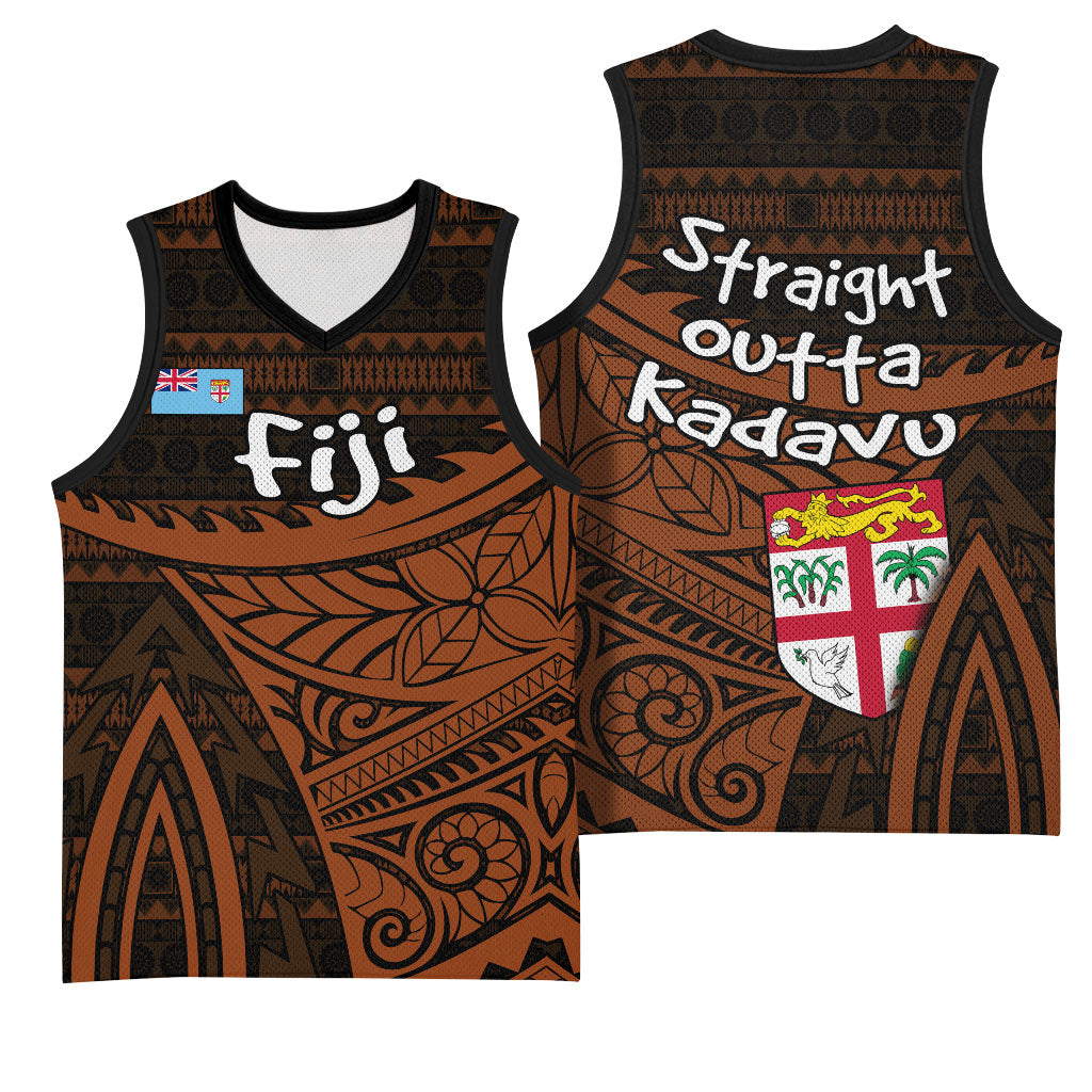 Straight Outta Kadavu Fiji Basketball Jersey Tribal Polynesian Tattoo Coat Of Arms Flag