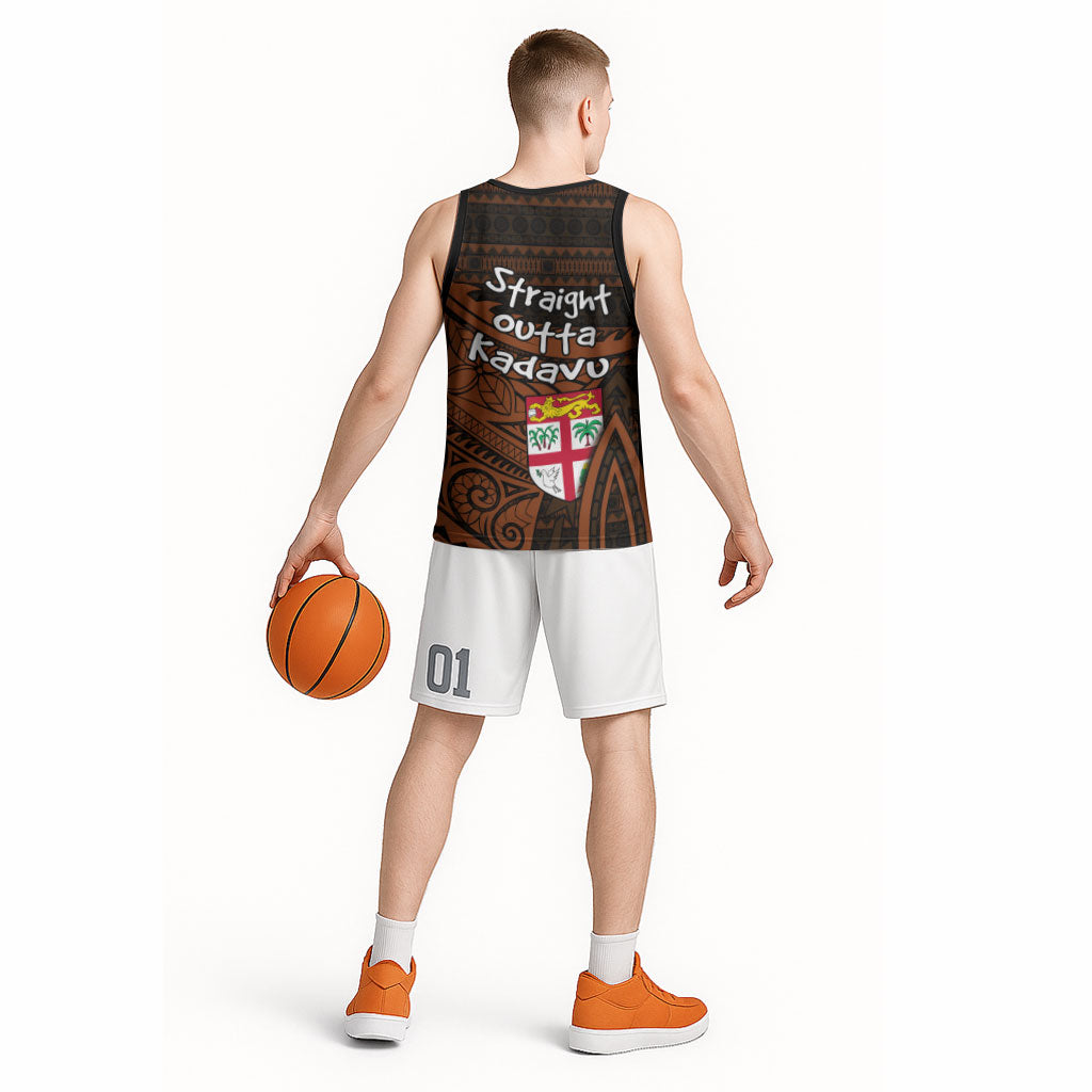Straight Outta Kadavu Fiji Basketball Jersey Tribal Polynesian Tattoo Coat Of Arms Flag