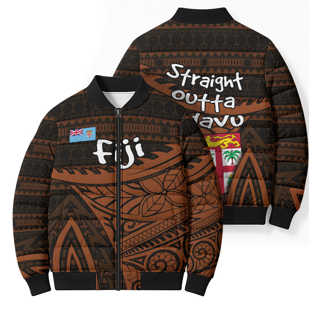 Straight Outta Kadavu Fiji Bomber Puffer Jacket Tribal Polynesian Tattoo Coat Of Arms Flag