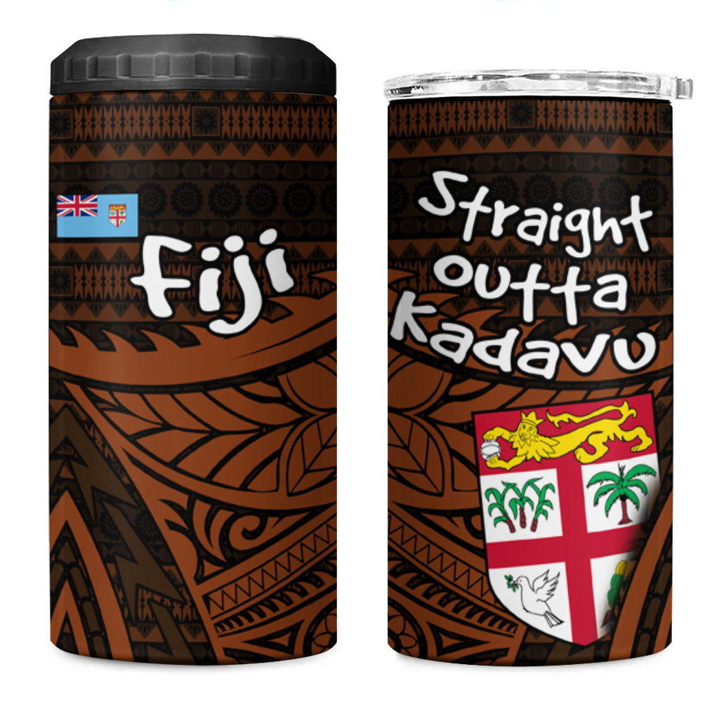 Straight Outta Kadavu Fiji 4 in 1 Can Cooler Tumbler Tribal Polynesian Tattoo Coat Of Arms Flag
