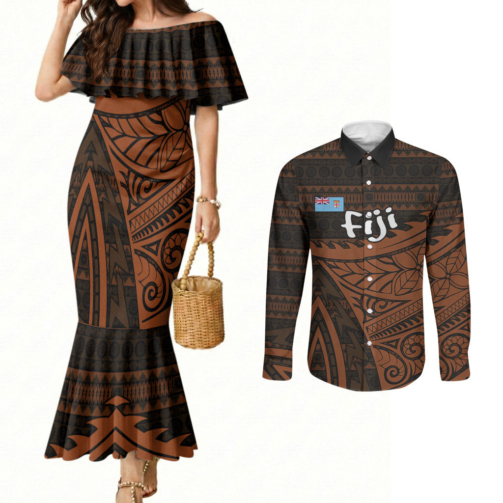Straight Outta Kadavu Fiji Couples Matching Mermaid Dress and Long Sleeve Button Shirt Tribal Polynesian Tattoo Coat Of Arms Flag