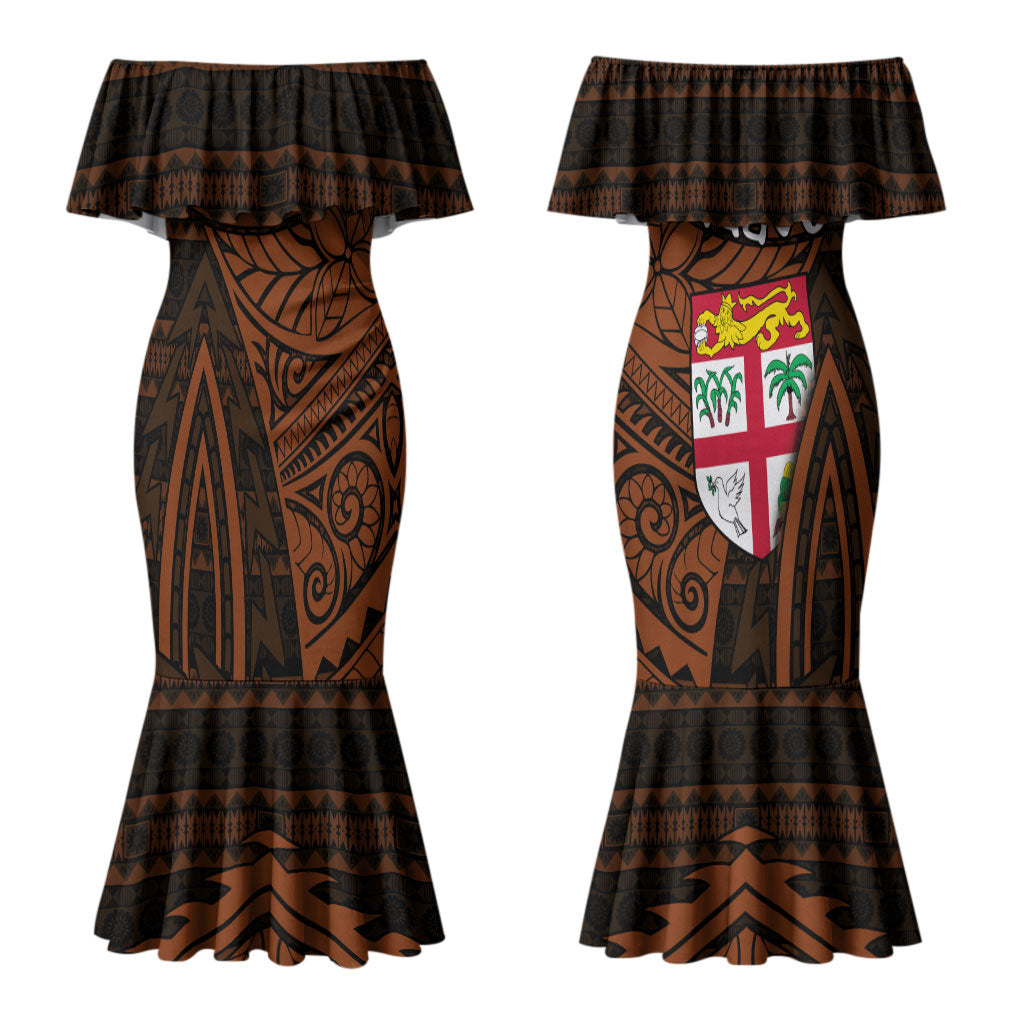 Straight Outta Kadavu Fiji Couples Matching Mermaid Dress and Long Sleeve Button Shirt Tribal Polynesian Tattoo Coat Of Arms Flag