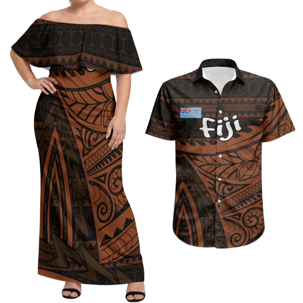 Straight Outta Kadavu Fiji Couples Matching Off Shoulder Maxi Dress and Hawaiian Shirt Tribal Polynesian Tattoo Coat Of Arms Flag