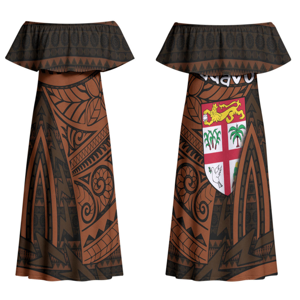 Straight Outta Kadavu Fiji Couples Matching Off Shoulder Maxi Dress and Hawaiian Shirt Tribal Polynesian Tattoo Coat Of Arms Flag
