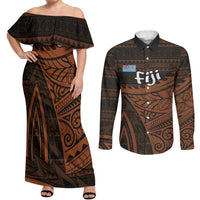 Straight Outta Kadavu Fiji Couples Matching Off Shoulder Maxi Dress and Long Sleeve Button Shirt Tribal Polynesian Tattoo Coat Of Arms Flag