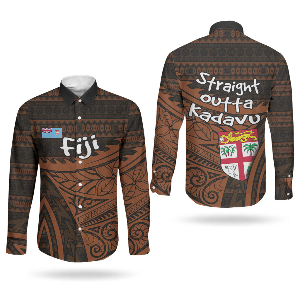 Straight Outta Kadavu Fiji Couples Matching Off Shoulder Short Dress and Long Sleeve Button Shirt Tribal Polynesian Tattoo Coat Of Arms Flag