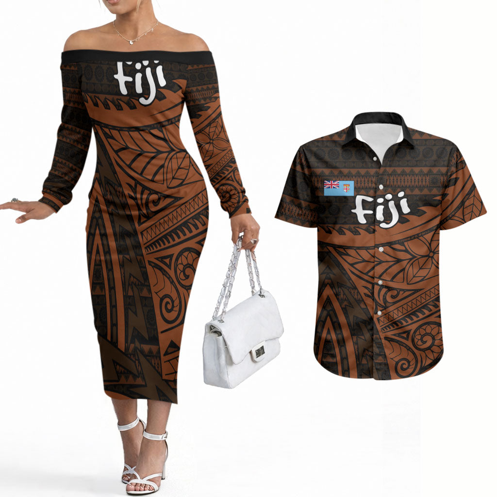 Straight Outta Kadavu Fiji Couples Matching Off The Shoulder Long Sleeve Dress and Hawaiian Shirt Tribal Polynesian Tattoo Coat Of Arms Flag