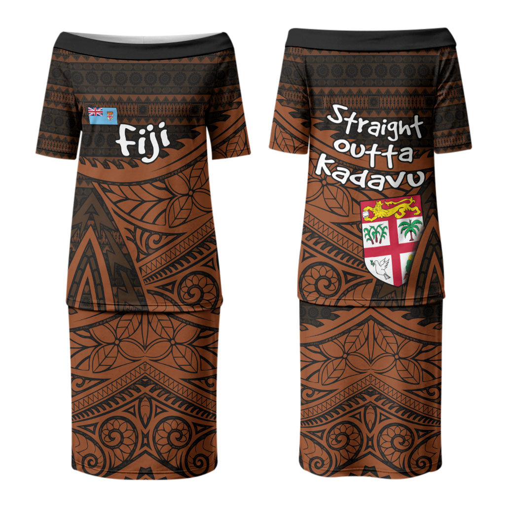 Straight Outta Kadavu Fiji Couples Matching Puletasi and Long Sleeve Button Shirt Tribal Polynesian Tattoo Coat Of Arms Flag