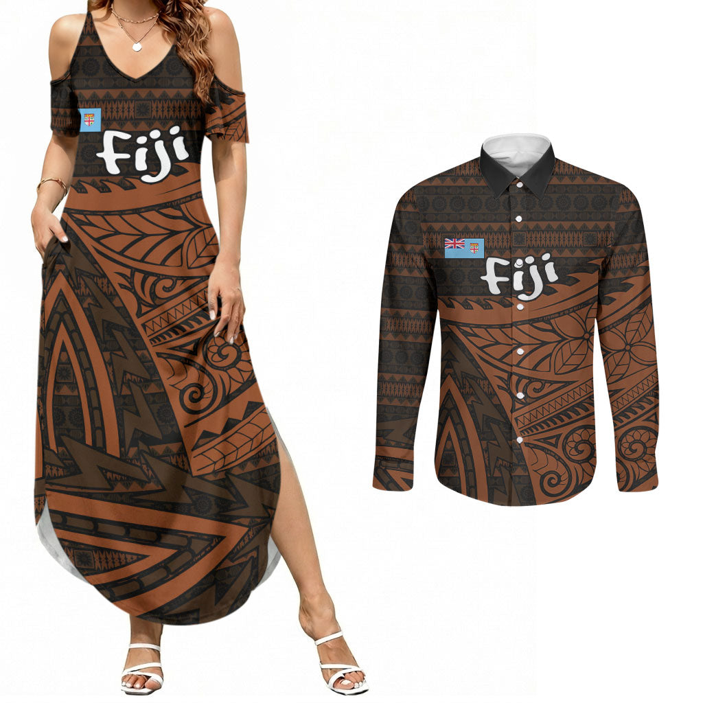 Straight Outta Kadavu Fiji Couples Matching Summer Maxi Dress and Long Sleeve Button Shirt Tribal Polynesian Tattoo Coat Of Arms Flag