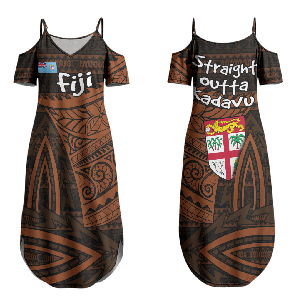 Straight Outta Kadavu Fiji Couples Matching Summer Maxi Dress and Long Sleeve Button Shirt Tribal Polynesian Tattoo Coat Of Arms Flag