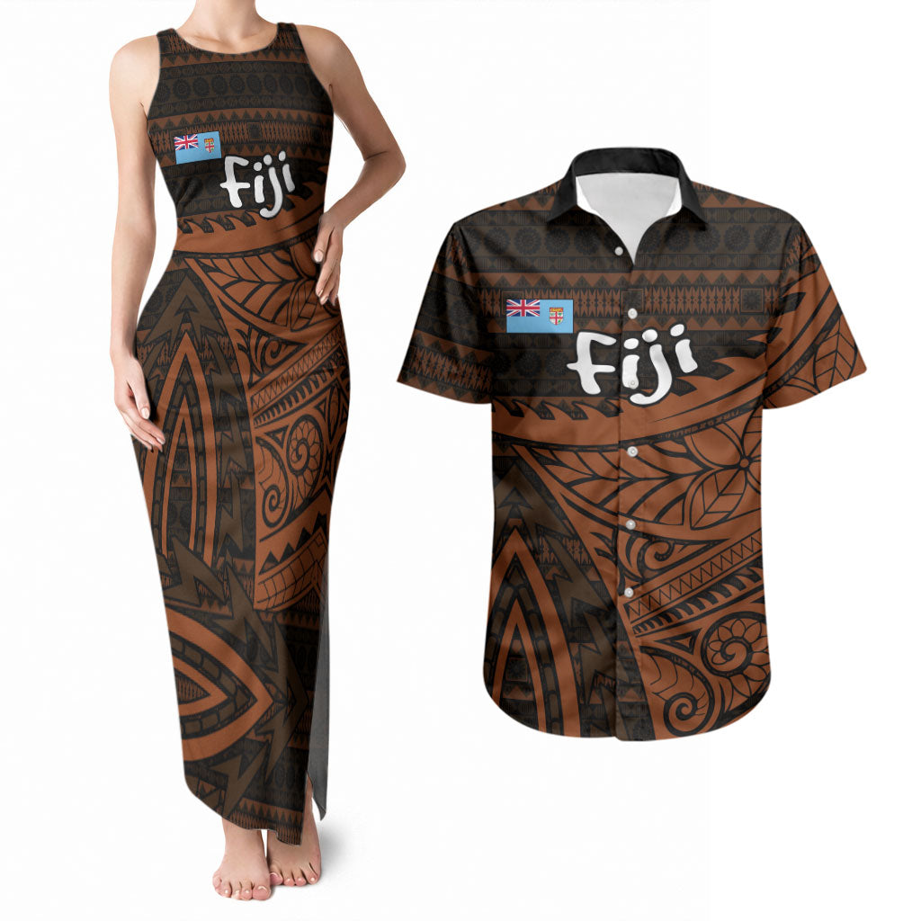 Straight Outta Kadavu Fiji Couples Matching Tank Maxi Dress and Hawaiian Shirt Tribal Polynesian Tattoo Coat Of Arms Flag