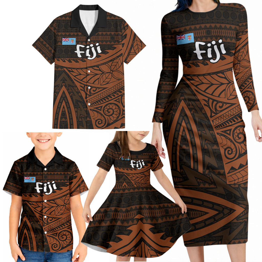 Straight Outta Kadavu Fiji Family Matching Long Sleeve Bodycon Dress and Hawaiian Shirt Tribal Polynesian Tattoo Coat Of Arms Flag