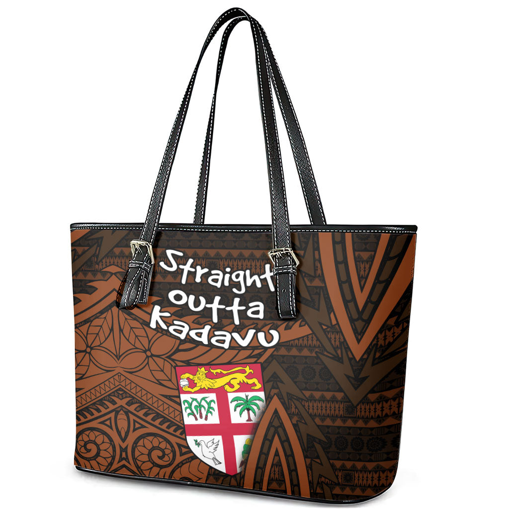 Straight Outta Kadavu Fiji Leather Tote Bag Tribal Polynesian Tattoo Coat Of Arms Flag