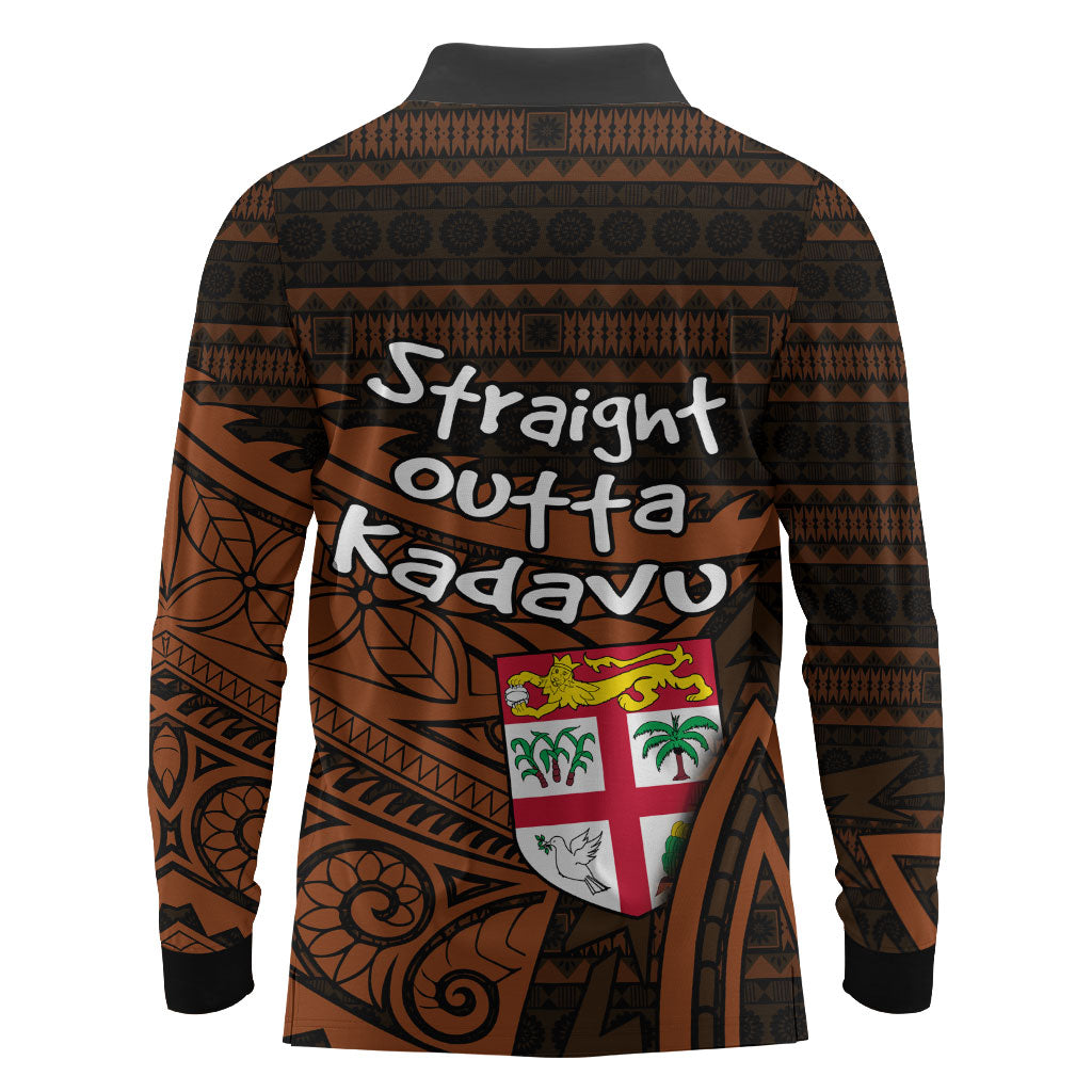 Straight Outta Kadavu Fiji Long Sleeve Polo Shirt Tribal Polynesian Tattoo Coat Of Arms Flag