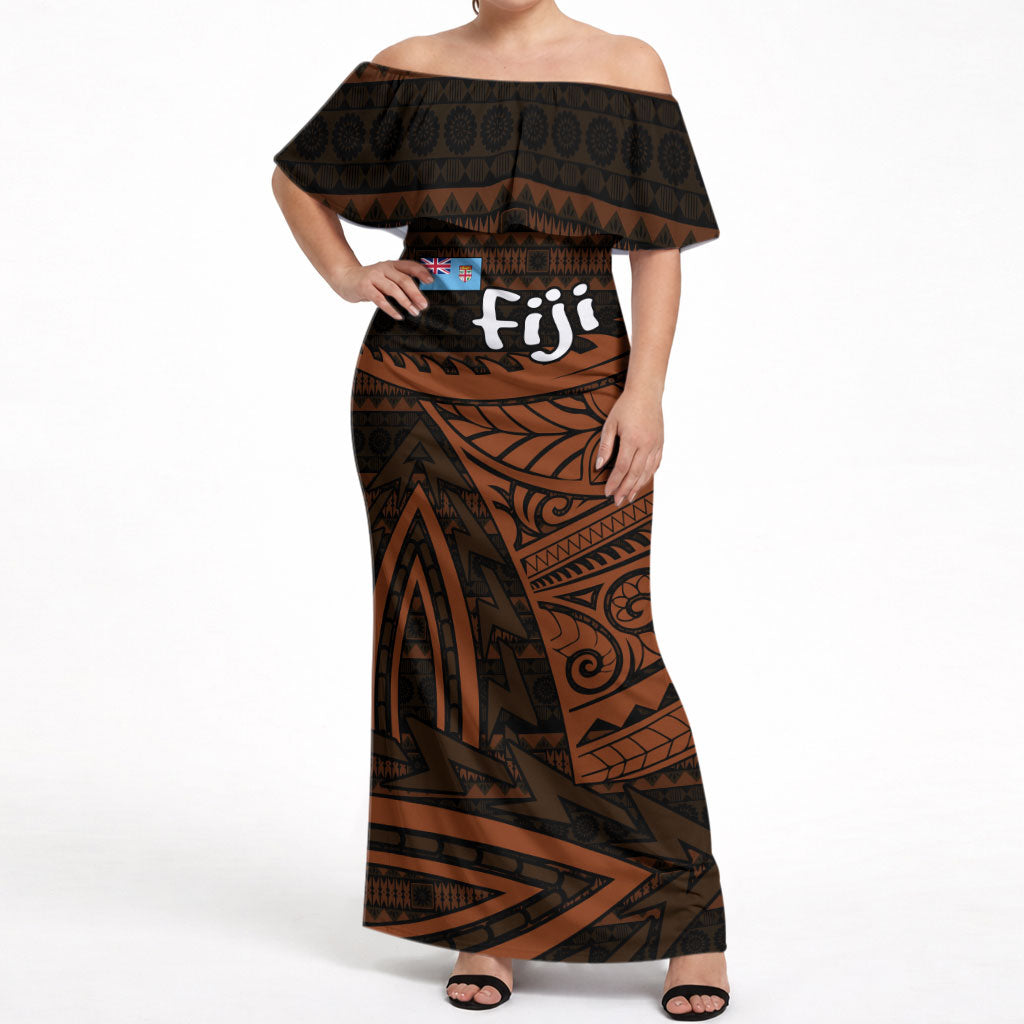 Straight Outta Kadavu Fiji Off Shoulder Maxi Dress Tribal Polynesian Tattoo Coat Of Arms Flag