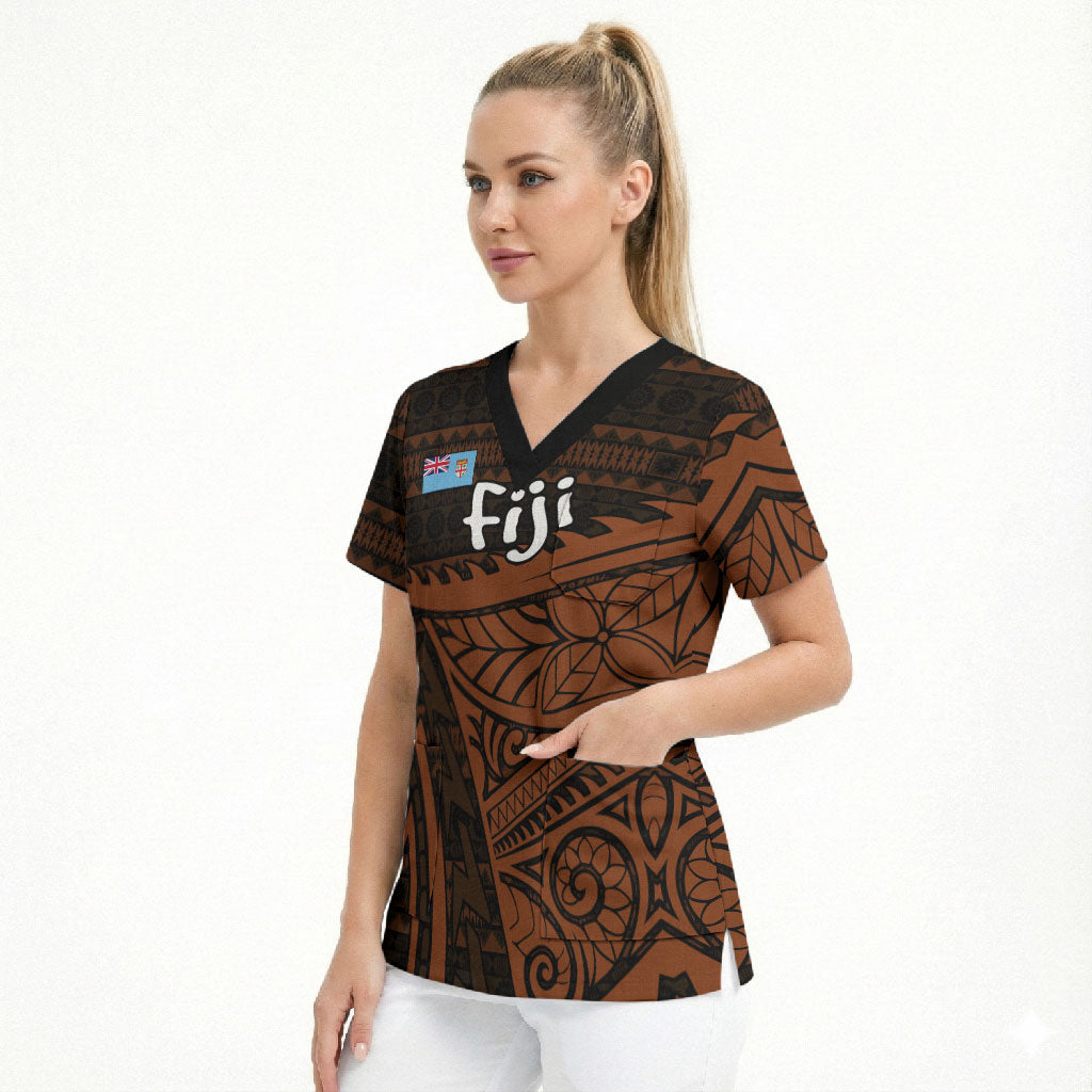 Straight Outta Kadavu Fiji Scrub Top Tribal Polynesian Tattoo Coat Of Arms Flag