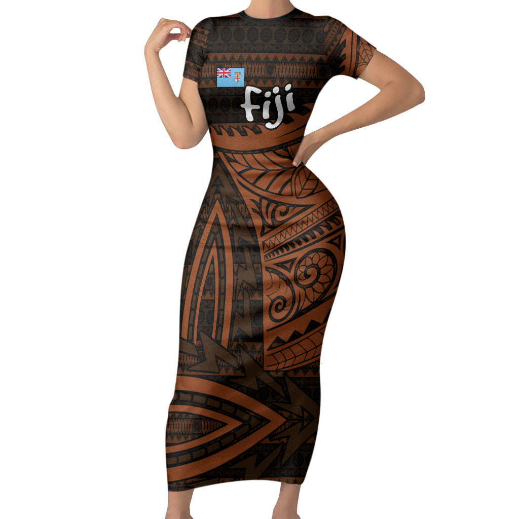 Straight Outta Kadavu Fiji Short Sleeve Bodycon Dress Tribal Polynesian Tattoo Coat Of Arms Flag