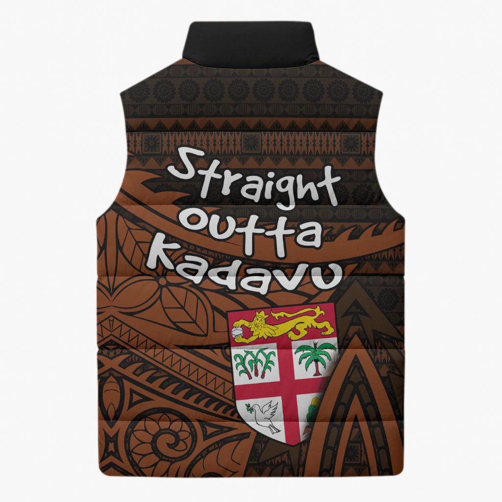 Straight Outta Kadavu Fiji Sleeveless Puffer Jacket Tribal Polynesian Tattoo Coat Of Arms Flag
