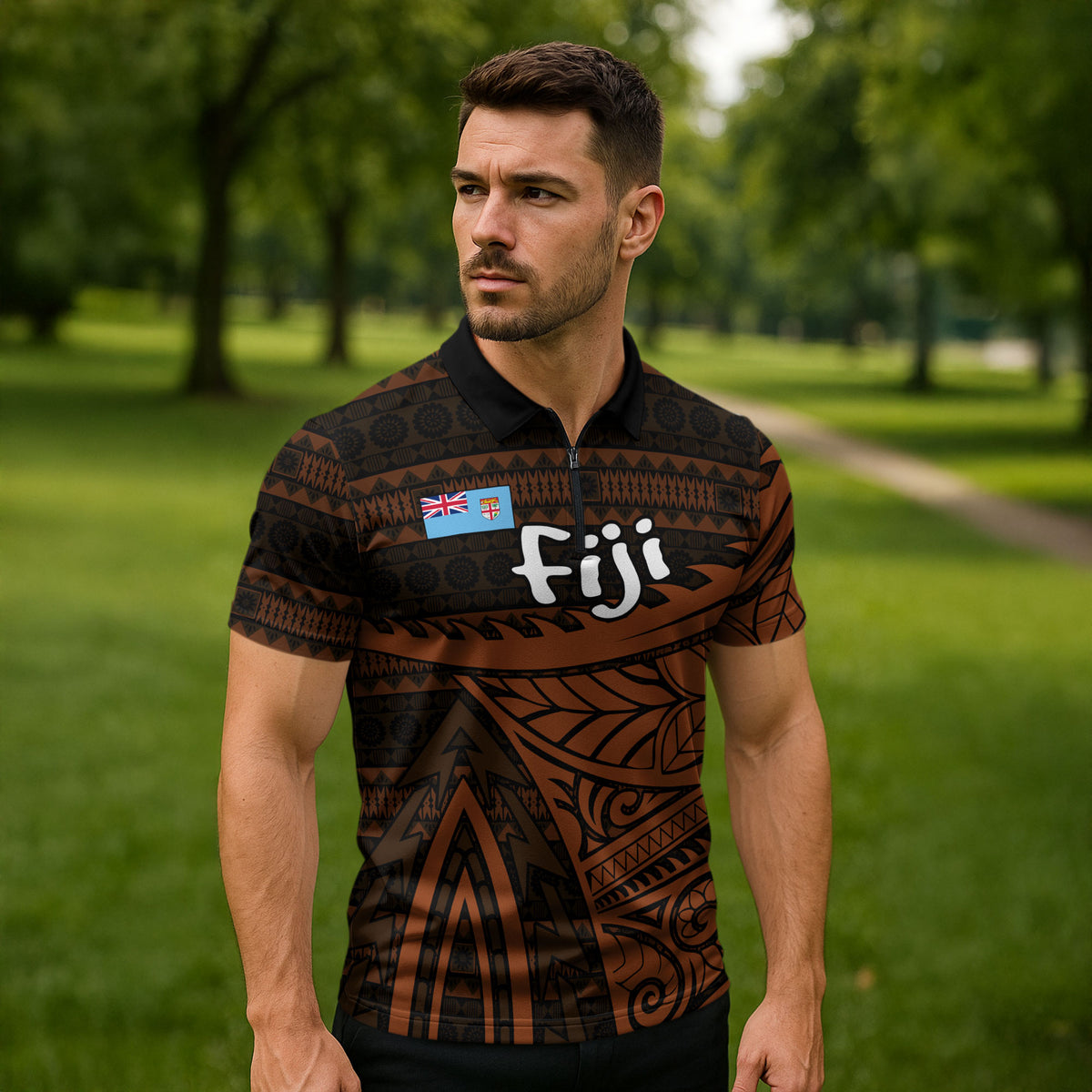 Straight Outta Kadavu Fiji Zipper Polo Shirt Tribal Polynesian Tattoo Coat Of Arms Flag