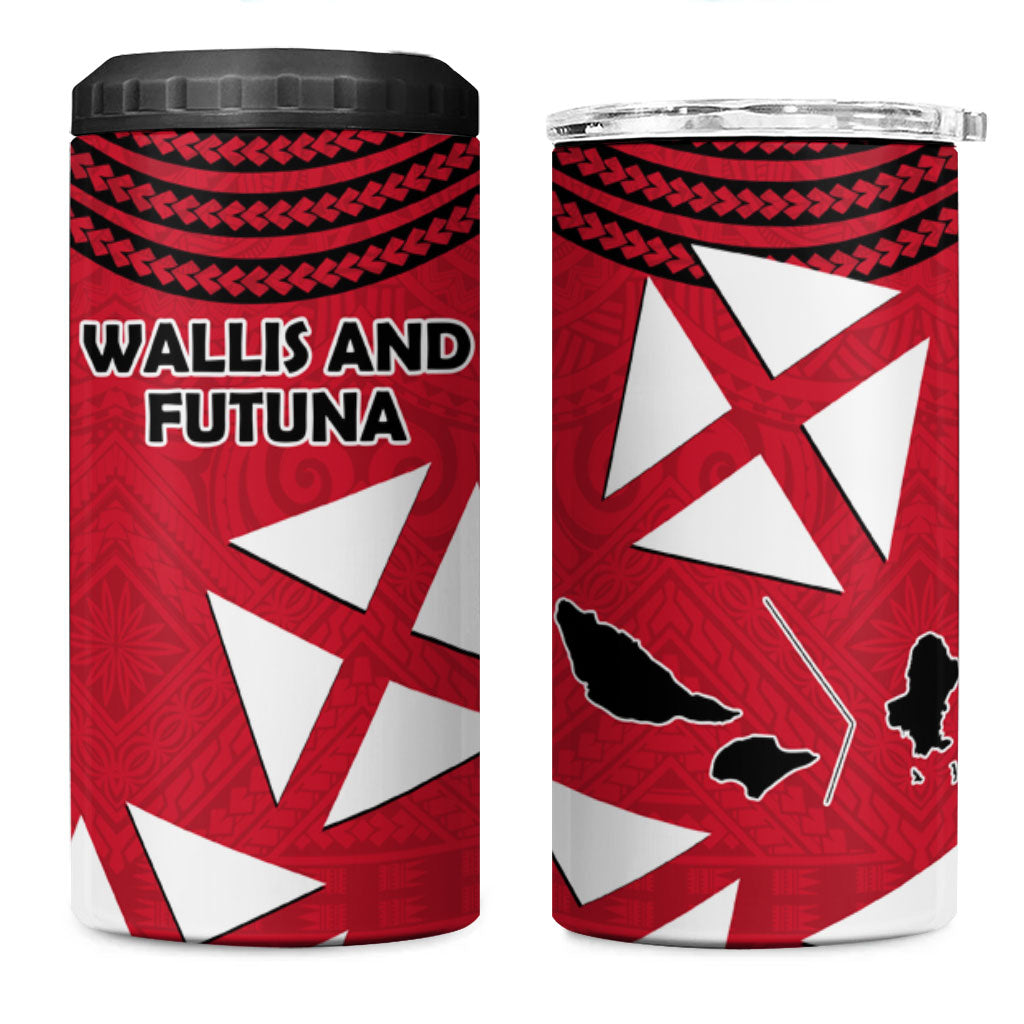 Wallis And Futuna 4 in 1 Can Cooler Tumbler Polynesian Tattoo Flag Map