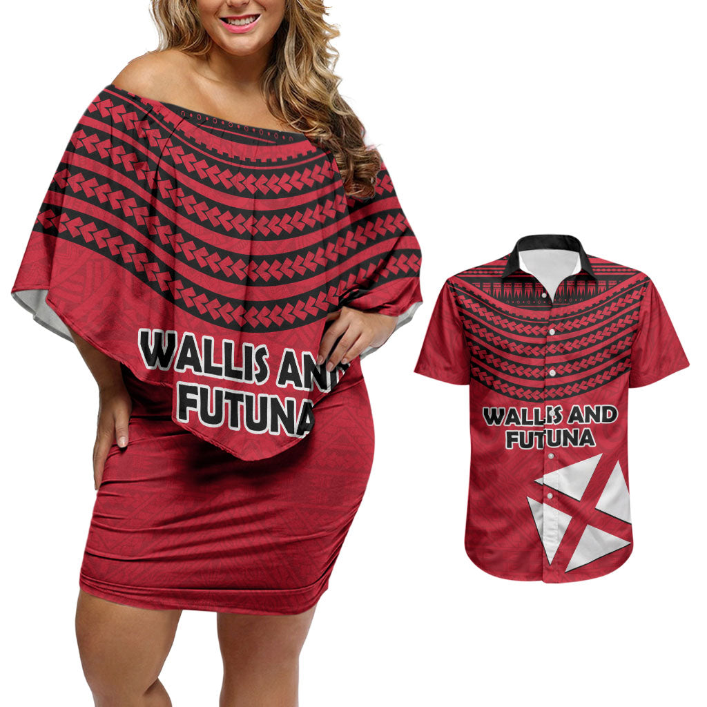 Wallis And Futuna Couples Matching Off Shoulder Short Dress and Hawaiian Shirt Polynesian Tattoo Flag Map