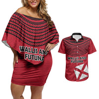 Wallis And Futuna Couples Matching Off Shoulder Short Dress and Hawaiian Shirt Polynesian Tattoo Flag Map